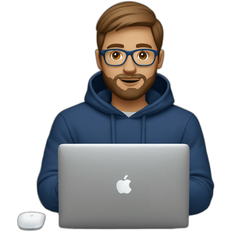 Brown short hair white man with a beard and round glasses typing on apple computer wearing a dark blue nike hoodie emoji