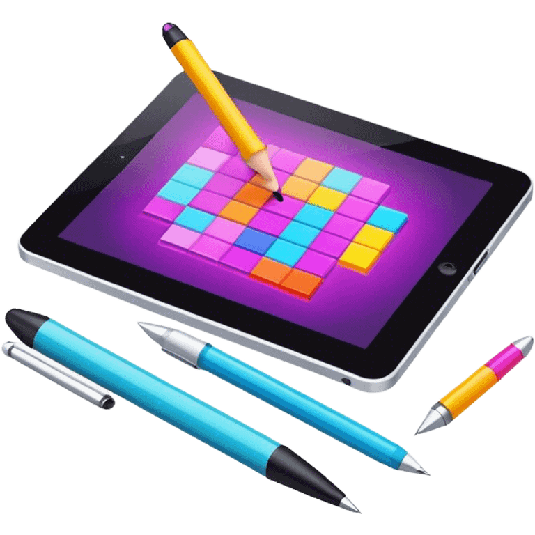 Computer graphics icon, digital design tools like a stylus, tablet, pixelated image, vibrant colors, minimalistic style, clean lines, transparent background. emoji