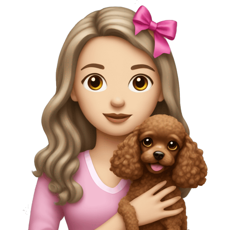 White girl with long brown hair holding a toy poodle with pink bow emoji