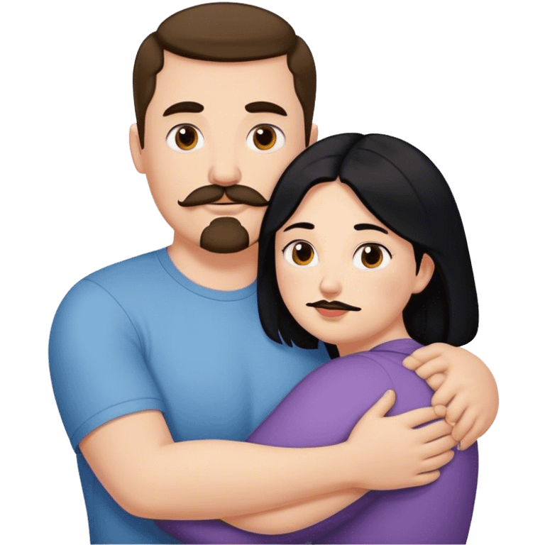 Couple, Tall strong white man with brown mustache goatee hugging a chubby short pale woman with long black hair emoji