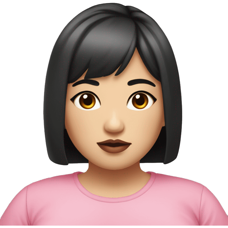 Short hair, Asian women, dark eyes, and thick lips. The body is chubby, the lips are pink, the pupils are black, the bangs are straight, young, and the clothes are street fashion emoji