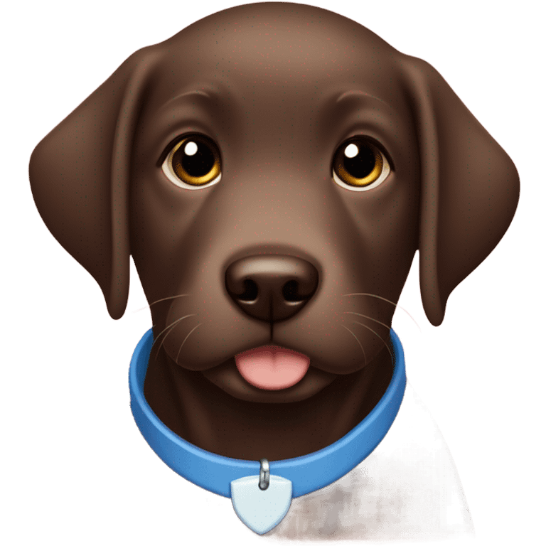 Chocolate labrador puppy with small white fur on chest and cute blue collar emoji