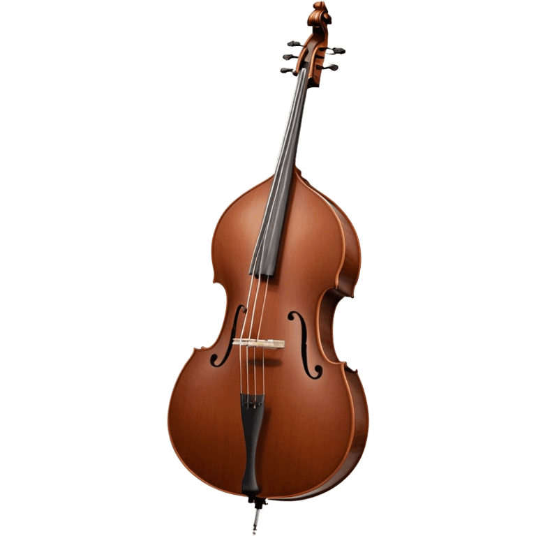 Create an elegant and detailed emoji representing a Gliga Gama double bass with bow. The design should showcase the large, sleek body of the double bass with its rich wood finish, including the characteristic curves and deep tone holes. The bow should be elegantly positioned next to the instrument, highlighting the hair and smooth wooden stick. Use warm wood tones like chestnut brown for the body of the bass, silver accents for the fittings, and dark brown for the bow. Add subtle musical notes or sound waves flowing from the bass to represent its deep, resonant sound. The background should be transparent. emoji