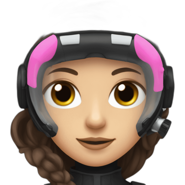 a woman with an a black scubadiver suit. she wear a pink diving mask, she has blue eyes inside the dive mask. brown long and straight hair emoji