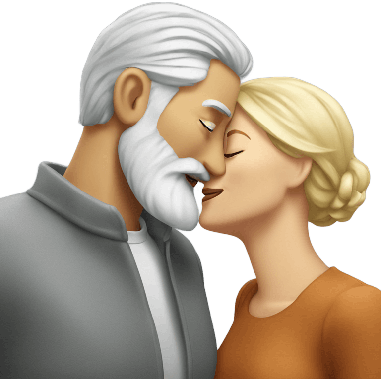 Gray haired man with beard kissing blonde woman emoji