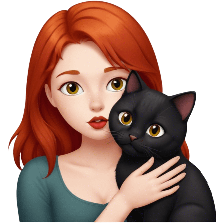 A red-haired girl kisses a black British cat  emoji