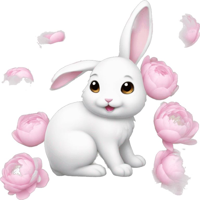 cute white bunny holding light pink peonies emoji