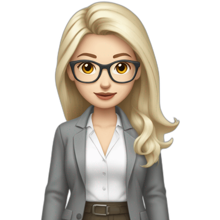 full height pale skin woman with cold blonde straight hair, care haircut, White blouse, Gray oversize jacket, Gray skirt and metal glasses holding a color palette in the hands emoji