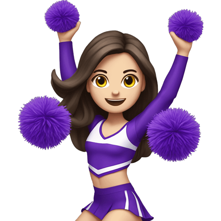 Caucasian cheerleader with long dark brown hair, jumping and holding up two purple Pom poms, small full body emoji emoji