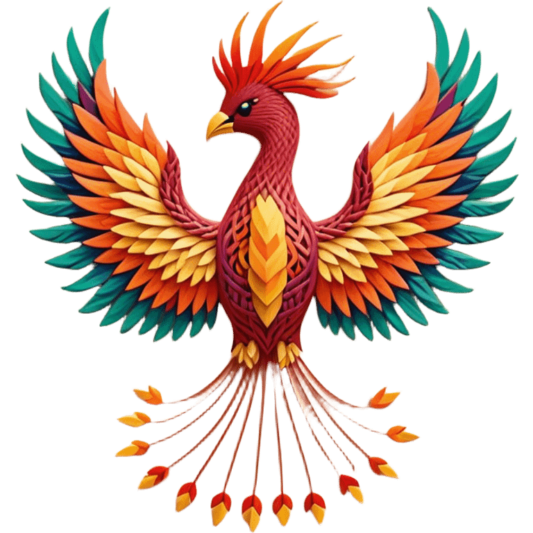 String art icon, colorful threads forming a detailed, vibrant phoenix (firebird) in front view, intricate patterns, pins on a board, minimalistic style, clean lines, transparent background. emoji