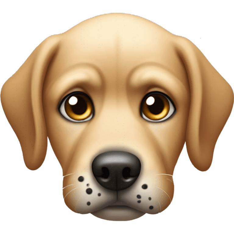 a dog with folded ears, totally black spots around eyes, short hairs, long mouth and small eyeballs looking up in awkward feelings emoji