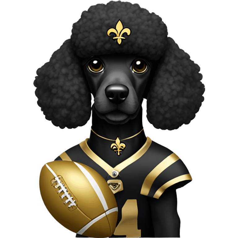 Black poodle wearing a gold football helmet with black stripe and gold fleur de lis emblem emoji