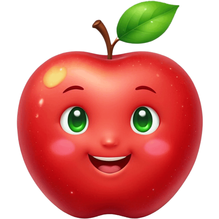 Cute Kawaii Apple, round and plump, bright shiny red with a tiny green leaf, chubby cheeks, sparkling eyes, a happy smile, soft glowing highlights, radiating fresh sweetness! emoji