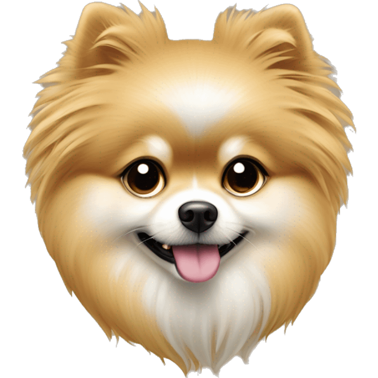 Hay una chica rubia guapa con el pelo liso con volumen y ojos negros que tiene en brazos un pomeranian blanco y rojizo emoji