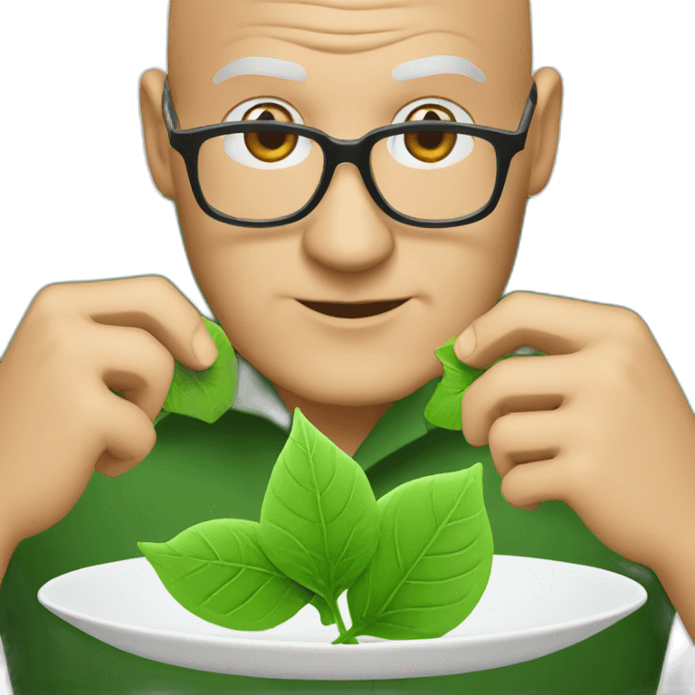 a middle aged bald man in square black glasses wearing a green button up shirt and eating a green leaf emoji