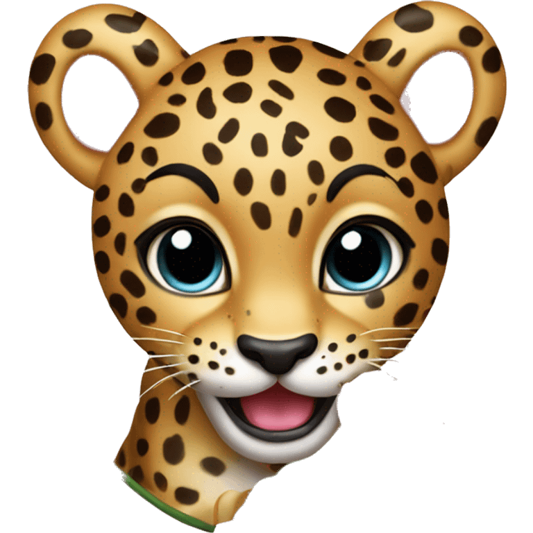 a cute leopard roaring with a fairly medium sized baby pink flower placed near the ear emoji