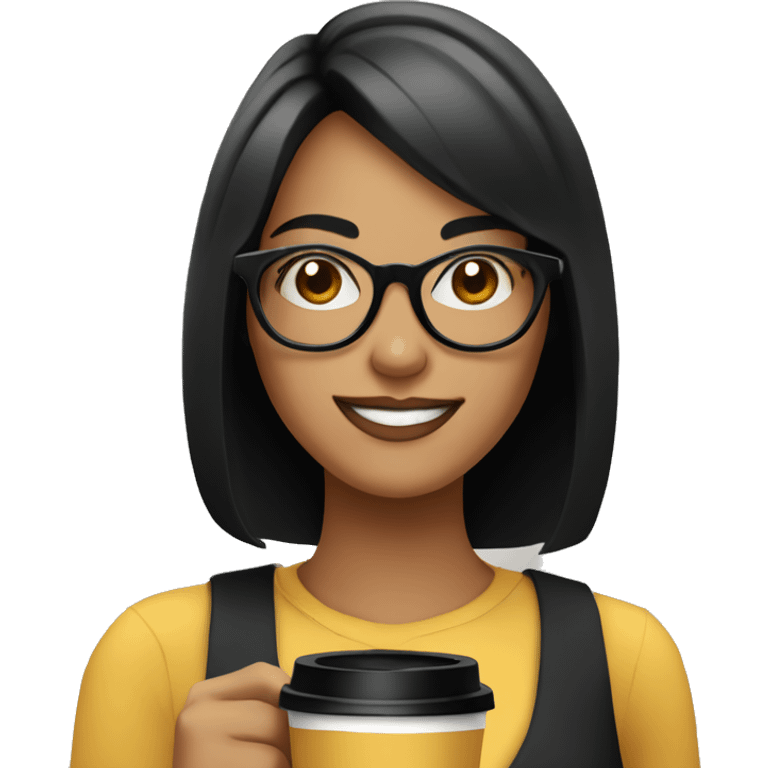 smiling girl with black hair and bob haircut standing with a coffee in her hand, wearing big black glasses emoji