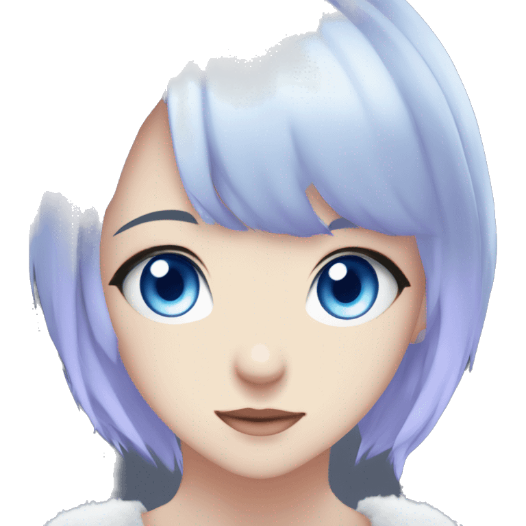 Heterochromia anime girl blue eye and white eye. short blue hair and light purple strands, she is an anime girl who is also a snow leapoard girl being  playful emoji