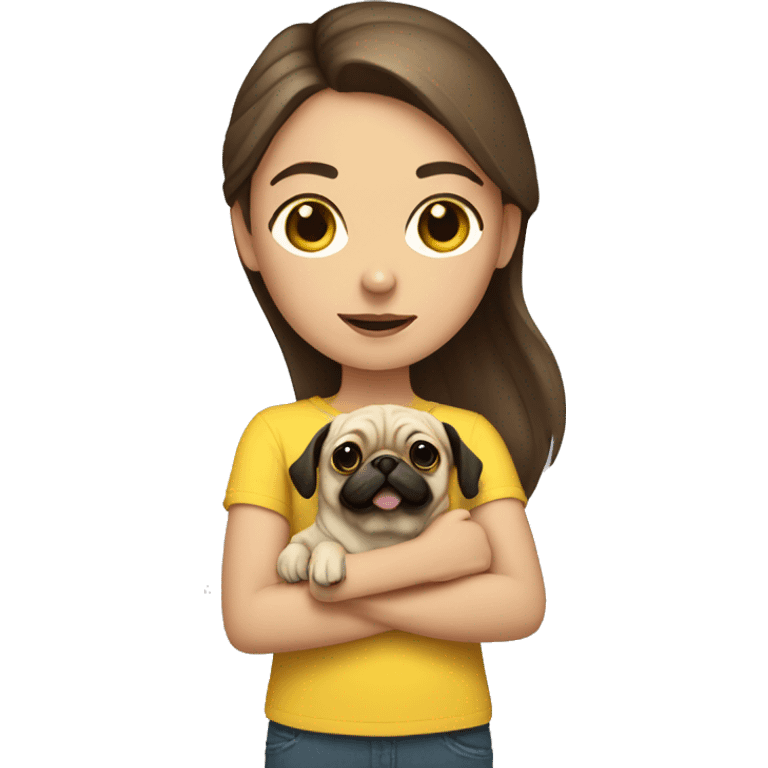 Girl with brown hair and a yellow shirt holding her pug emoji