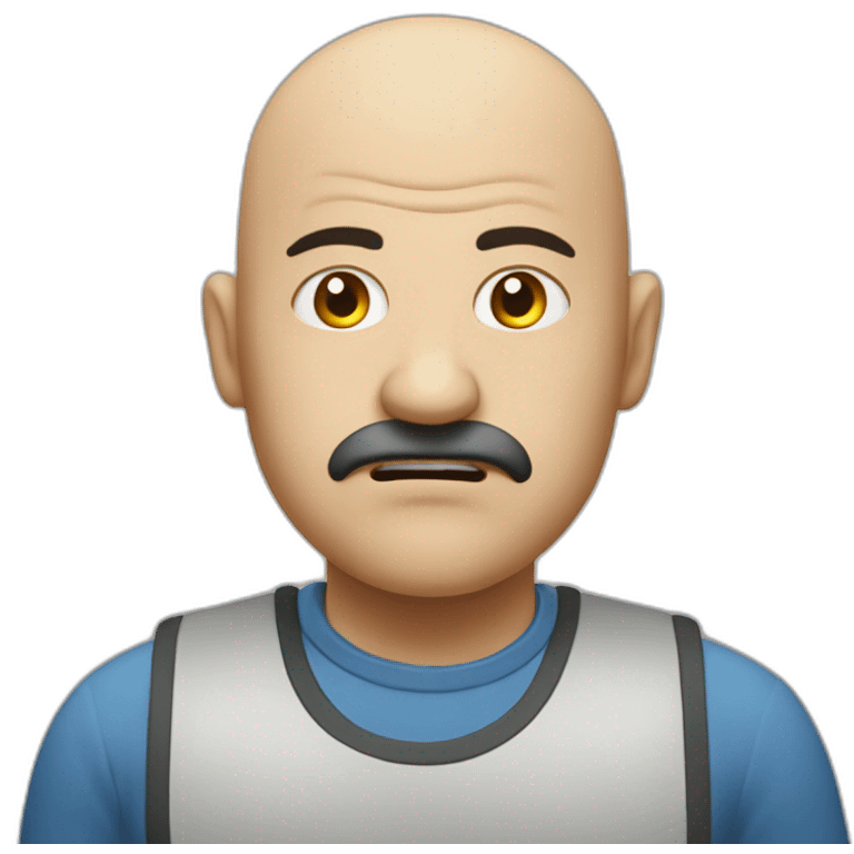 Bald angry canteen staff, arabic, mobcap, stress lines emoji