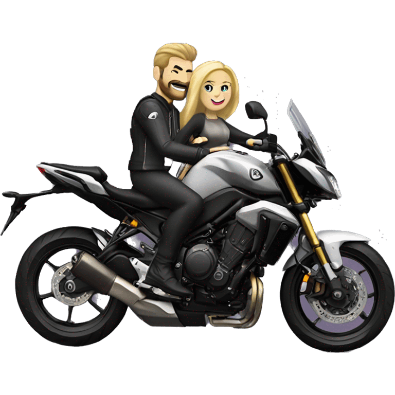 Caucasian man and woman with blonde hair riding on Yamaha mt 10 bike emoji