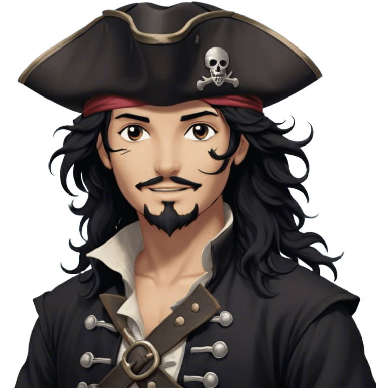 A charismatic pirate with wavy black hair that falls just past his shoulders, tousled slightly by the sea breeze. He wears a black tricorn hat with subtle silver embroidery along the edges, casting a shadow over his sharp, confident features. His piercing dark eyes glint with mischief as he gazes to the side, a knowing smile playing at his lips. His well-fitted black coat, adorned with polished silver buttons and intricate stitching, moves slightly with the wind, revealing glimpses of a deep-crimson waistcoat underneath. A silver chain dangles from his belt, catching the dim golden light of the setting sun. His posture is relaxed yet assured, exuding effortless charm as if he owns the sea itself. emoji