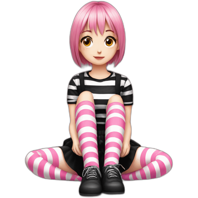 full body Front view emo girl sits on the floor black skirt pink knickers long striped socks emoji