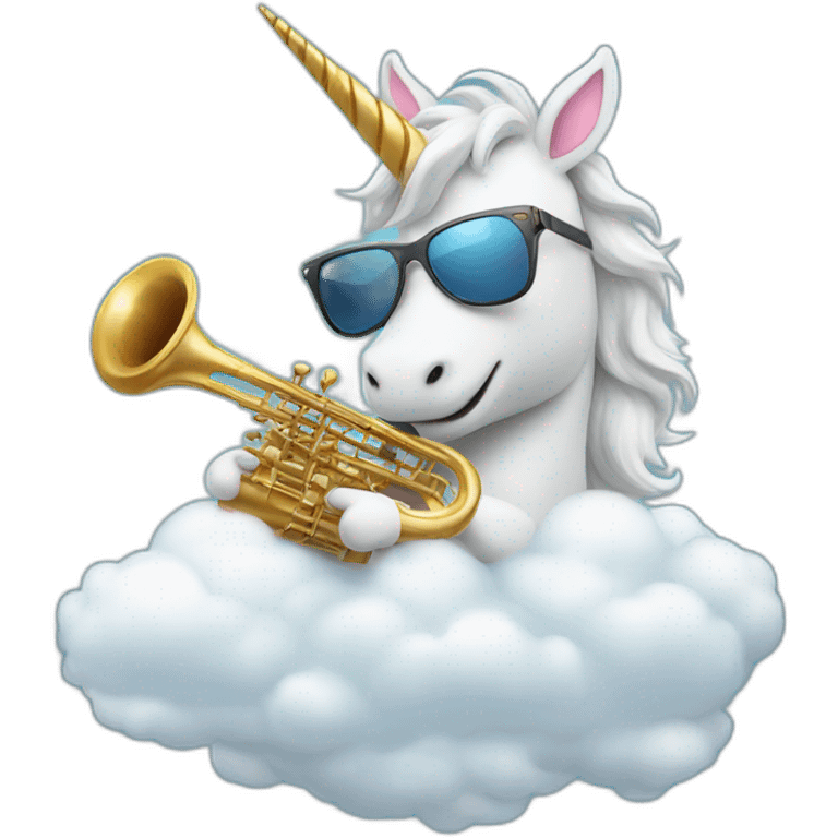 a unicorn wearing sunglasses and playing saxophone on a cloud emoji