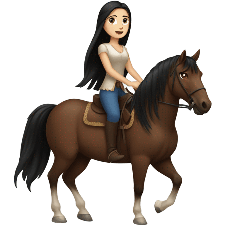 brunette with blue eyes and long black straight hair riding big brown horse  emoji