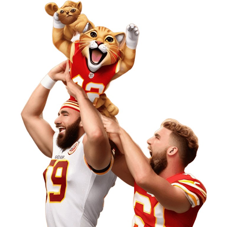 Taylor swift and Travis Kelce holding a bengal cat that is wearing a chiefs jersey in the air like Rafiki holds simba in the lion king  emoji