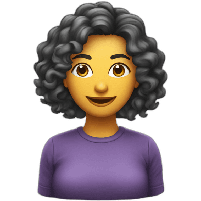 Uma mulher branca de cabelo curto cacheado usando uma câmera fotográfica emoji