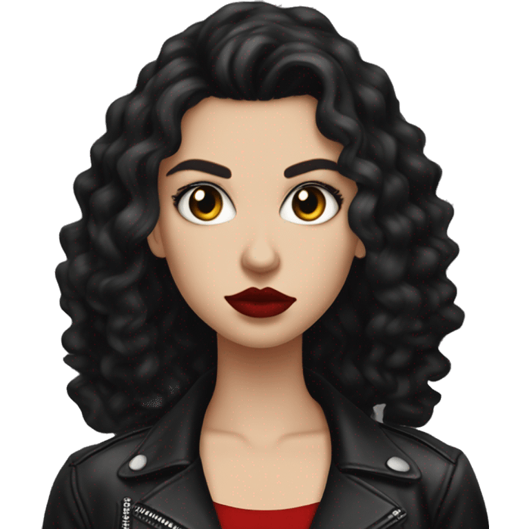 White girl, with long curly black hair, with red lipstick, black winged eyeliner, wearing black shirt and black leather jacket, rolling her eyes in annoyance  emoji