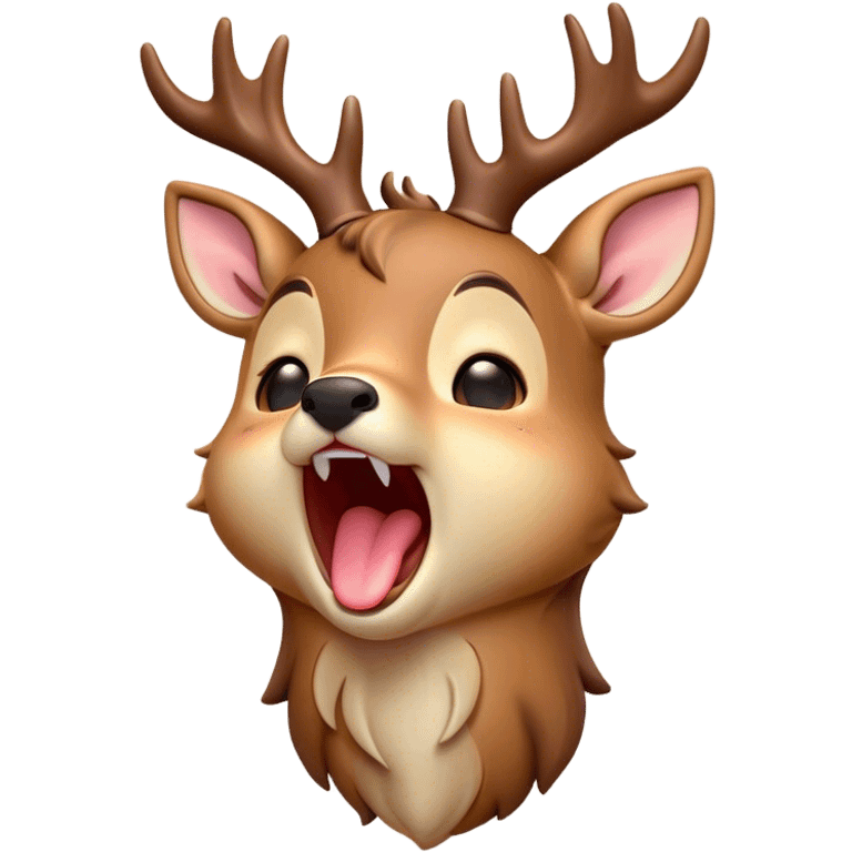 Cinematic Cute Yawning Deer Portrait Emoji, Head tilted slightly with a dramatic, wide-open yawn, revealing a soft, dappled coat and elegantly drooping ears, eyes barely open in drowsy contentment, Simplified yet irresistibly adorable features, highly detailed, glowing with a soft, cozy glow, high shine, relaxed yet expressive, stylized with a touch of natural whimsy, bright and endearing, soft glowing outline, capturing the essence of a sleepy yet affectionate deer, so drowsy it feels like it could stretch right out of the screen and curl up for a nap! emoji