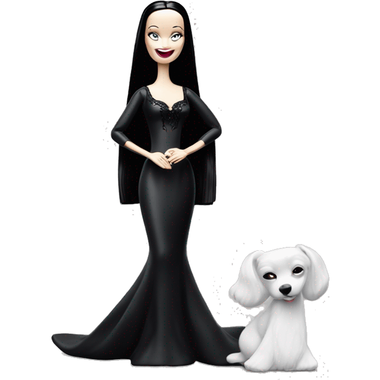 Morticia Addams Barbie at home. Smiling. Filmy nightgown . Very Pale-white porcelain skin.  emoji