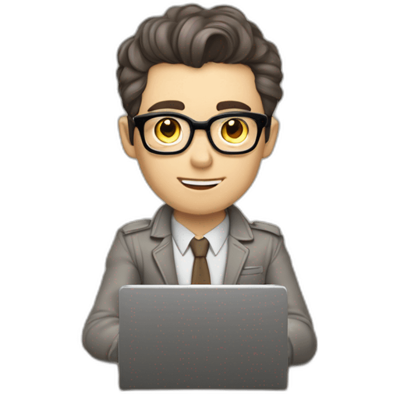 Pale skinned Fit Man With dark brown hair in gray jacket, beige office shirt and vintage glasses sitting In a soft chair with a notebook with emblem Ψ and a pen in his hands emoji