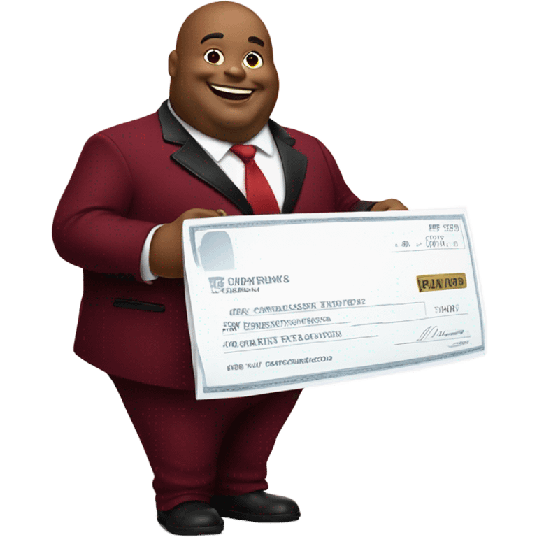 fat guy in dark red velvet suit holding cheque emoji