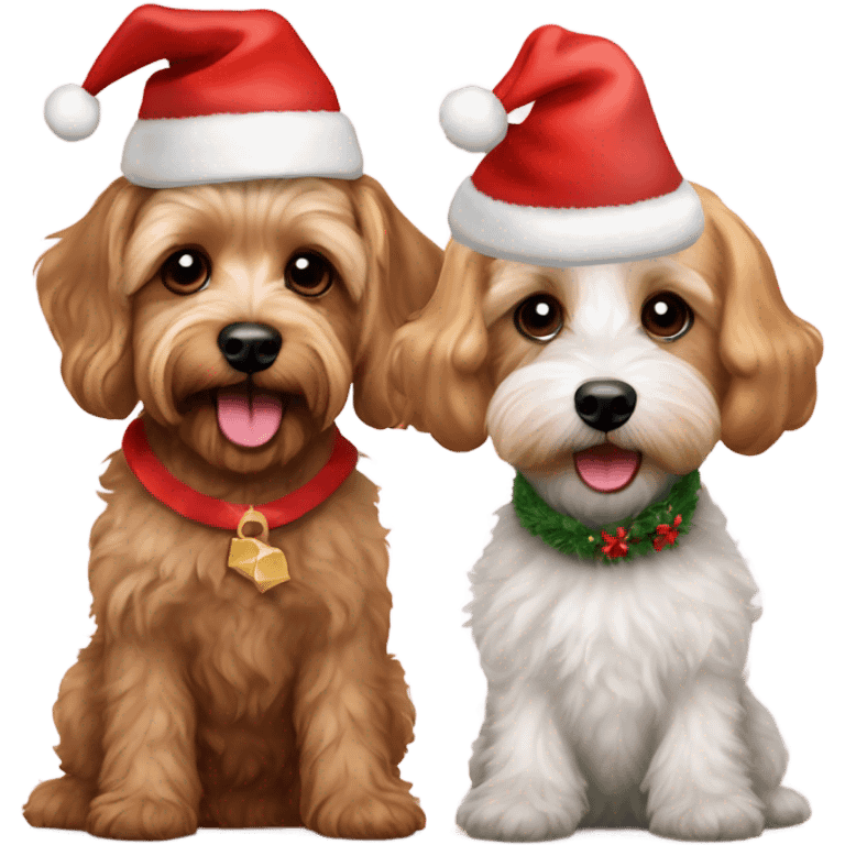  Schnoodle and gold cavapoo with Christmas hats emoji