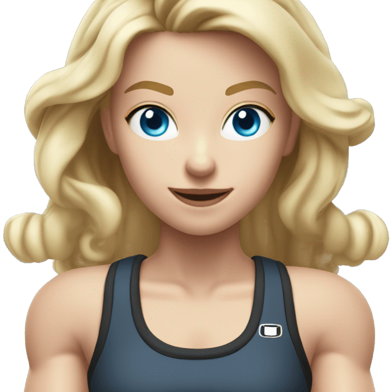 Close up Actively gesturing  with hands Pale skinned Fit woman With the biceps and blonde hair in dark gray Sleeveless Mike, black sports shorts, watch and white Sneakers and Blue Eyes  emoji