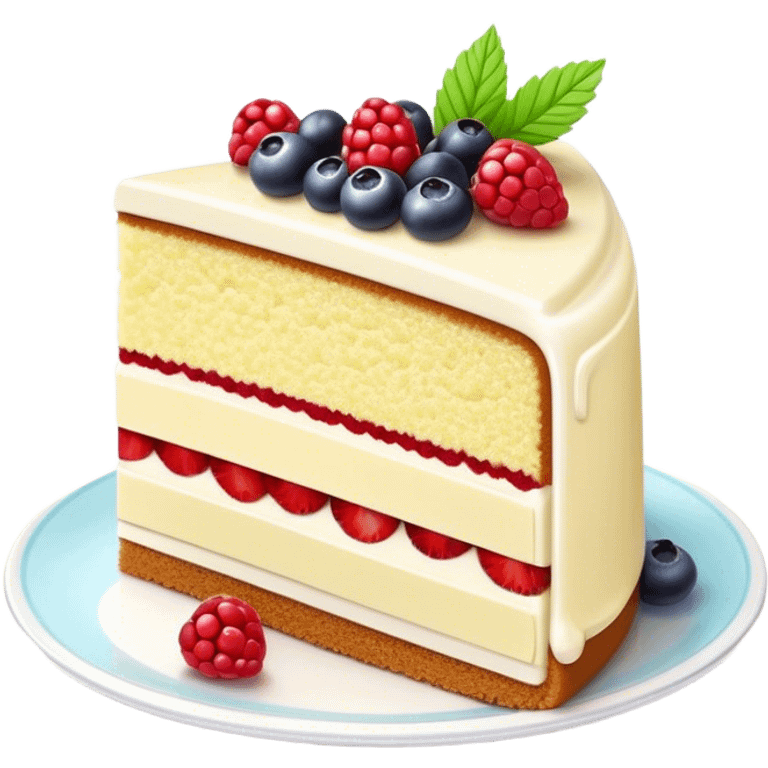 Cinematic luxurious slice of cake, delicate layers of moist sponge and rich frosting, beautifully decorated with fresh berries and a glossy glaze, soft glowing light, elegant and indulgent. emoji