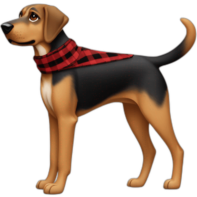 adult 75% Coonhound 25% German Shepherd mix dog with visible tail wearing small pointed red buffalo plaid bandana full body walking left quickly emoji