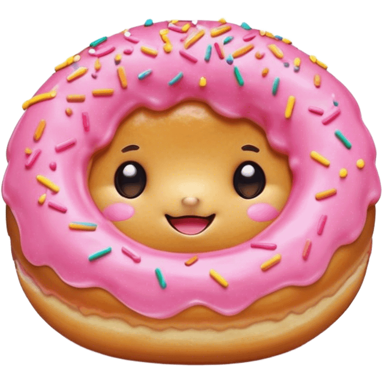 Cinematic tiny happy donut, round and fluffy, golden brown with pink icing and sprinkles, tiny adorable face with blushing cheeks, warm glowing background. emoji