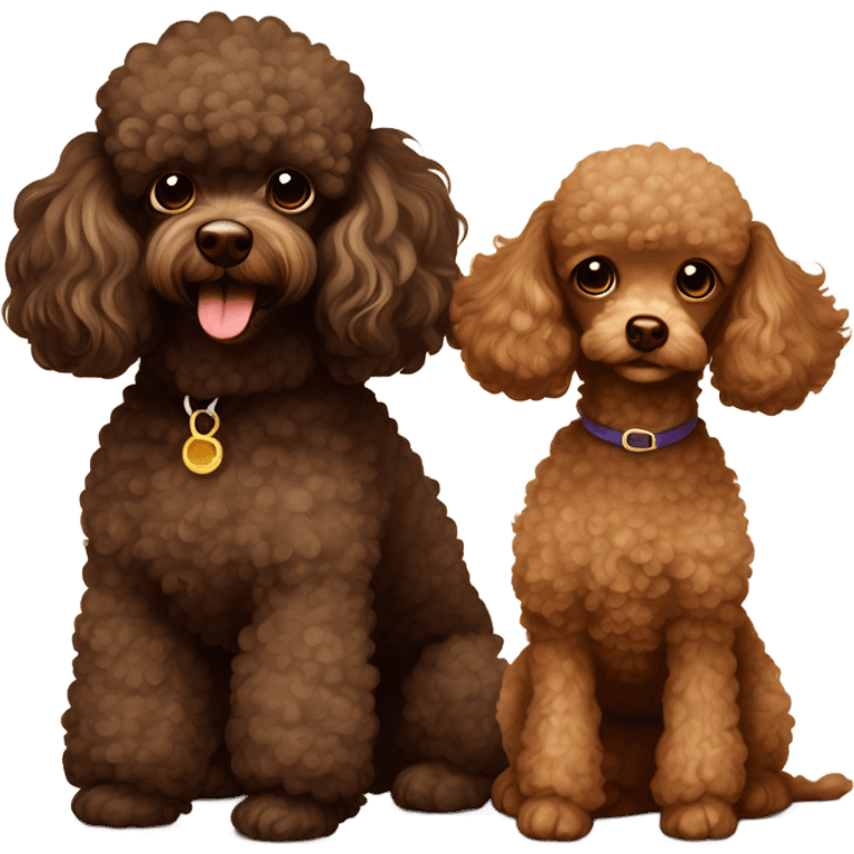 Dark brown toy poodle reputation era and a light brown toy poodle emoji