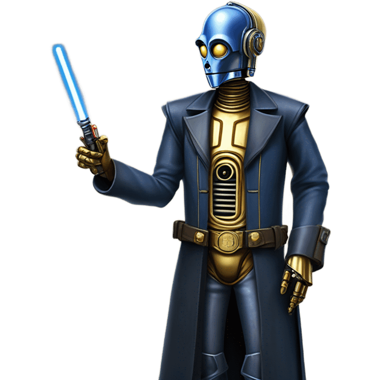 tarnished undercover tough well-equipped Jedi  life-sized darkblue-pearl C3po as a friendly droid wearing a leather clothing old west duster coat holding light saber  emoji