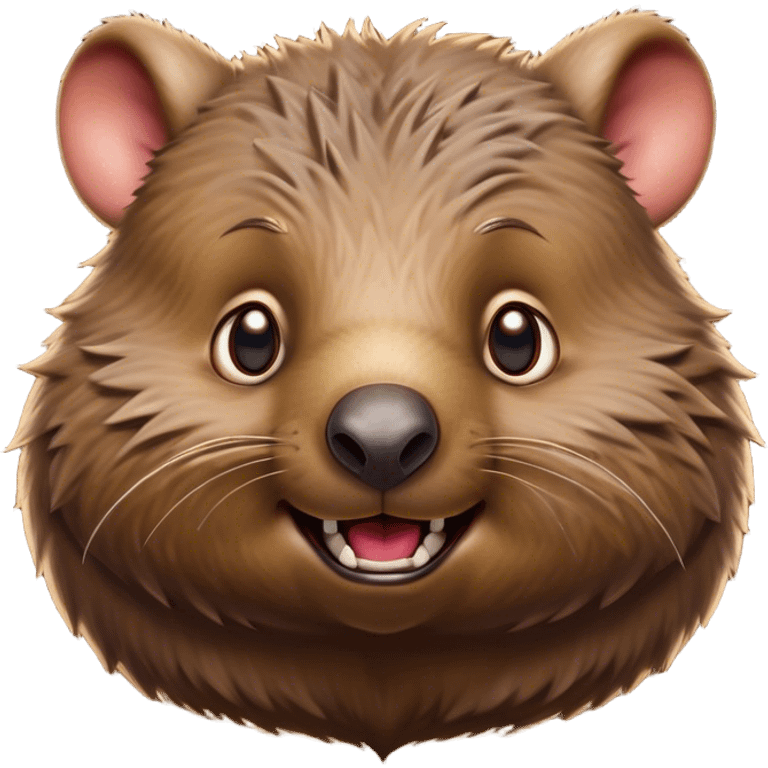 Cinematic Comical Wombat Portrait Emoji, Head tilted dramatically with an exaggeratedly amused expression, featuring a striking, glossy shaggy brown fur with bold textures and wide, expressive eyes filled with playful disbelief, Simplified yet hilariously expressive features, highly detailed, glowing with a slightly sassy glow, high shine, dramatic yet playful, stylized with an air of cheeky bush mischief, bright and endearing, soft glowing outline, capturing the essence of a spirited and over‐the‐top wombat, so meme‐worthy it feels like it could snort its way into internet fame instantly! emoji