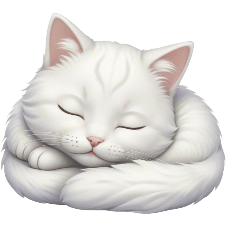 Meme-Worthy Cute Sleeping White Cat Portrait Emoji, Head peacefully tilted with a tender, contented smile and eyes gently closed in serene slumber, featuring a pristine white fur with subtle, delicate silver accents, simplified yet irresistibly adorable, highly detailed, glowing with a soft, drowsy radiance, high shine, exuding calm, heartwarming charm, styled with a gentle, soft glowing outline, capturing the essence of a sleeping white cat that seems destined to become the next viral icon of adorable repose! emoji