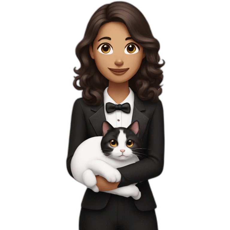 A woman holding a tuxedo cat. The cat is black and white. The woman has long wavy brown hair and brown eyes emoji