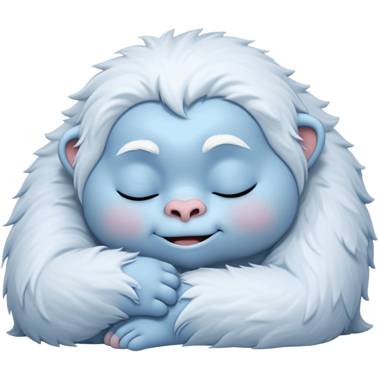 Meme-Worthy Cute Sleeping Yeti Portrait Emoji, with a charming, fluffy, snow-dusted figure in gentle whites and cool blues, head resting in blissful, serene slumber with closed, peaceful eyes and a small, contented smile, simplified yet irresistibly adorable, highly detailed with a soft frosty outline that captures the tender drowsiness of a yeti drifting into snowy dreams! emoji