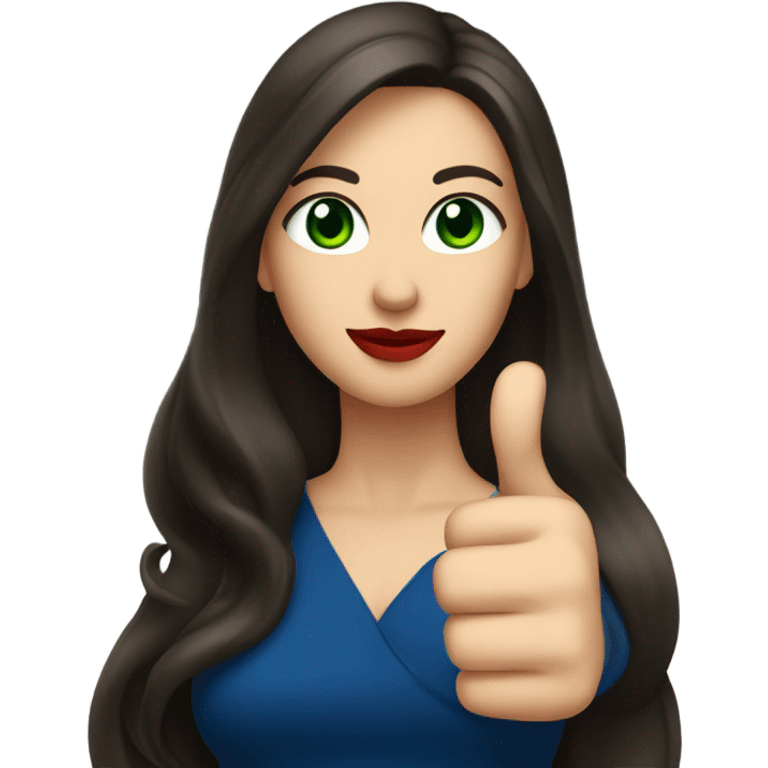 
a brunette with long hair and green eyes, with red lips and in a dark blue dress shows a thumbs up emoji