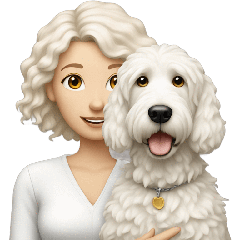 White lady and her white golden doodle dog emoji