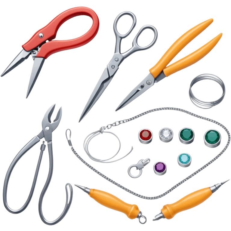 Jewelry art icon, various jewelry pieces like rings, necklaces, and bracelets in progress, visible tools such as pliers, gemstone, wire, and soldering equipment, minimalistic style, clean lines, transparent background. emoji